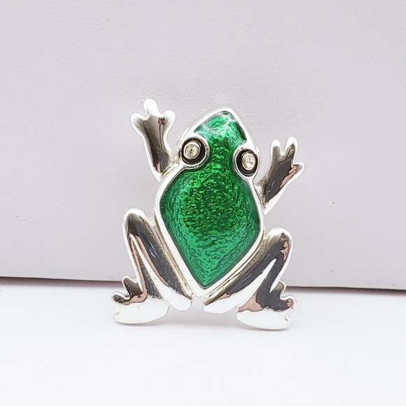 Cute Frog Toad Green Enamel Silver Tone - Picture 2 of 5